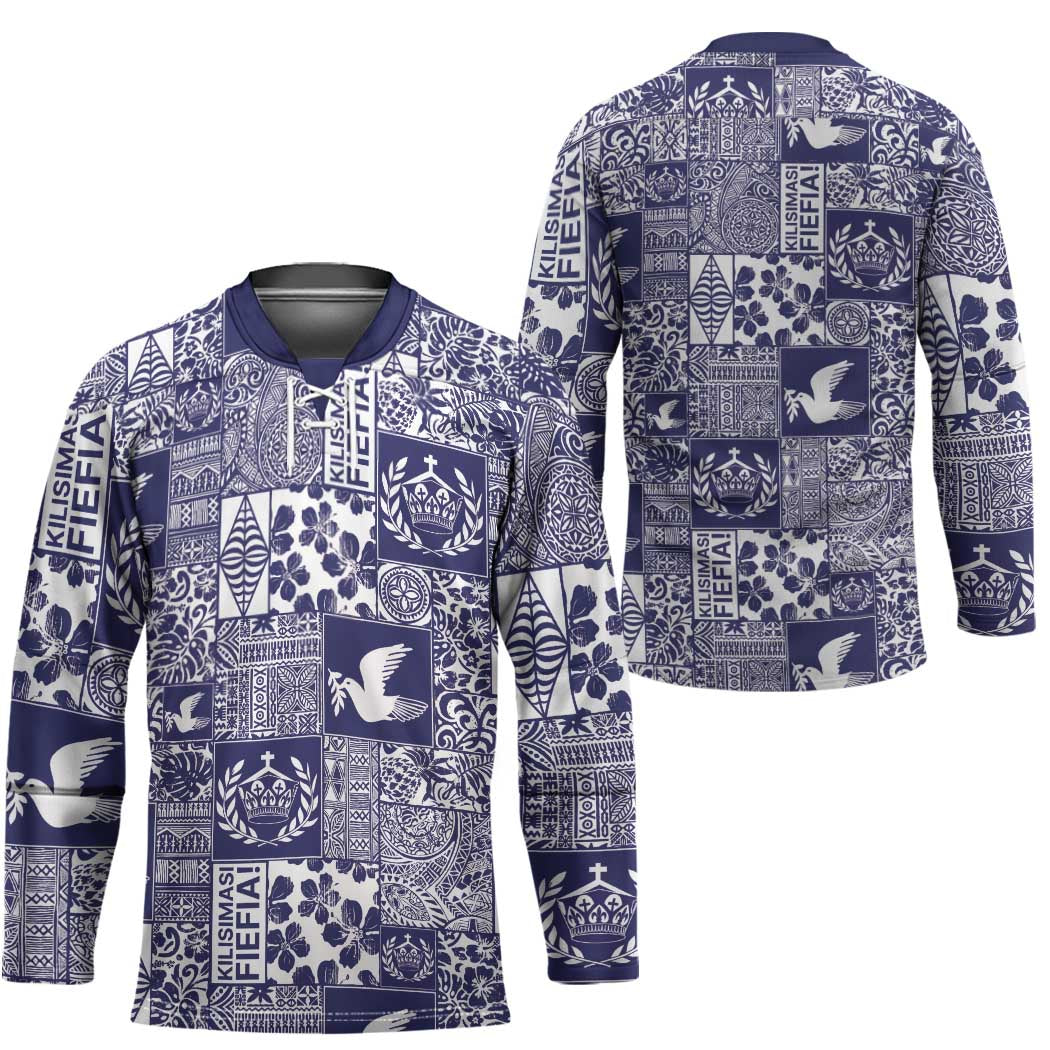 Blue Tonga Kilisimasi Fiefia Hockey Jersey Pacific Patchwork Xmas Vibes - Polynesian Pride