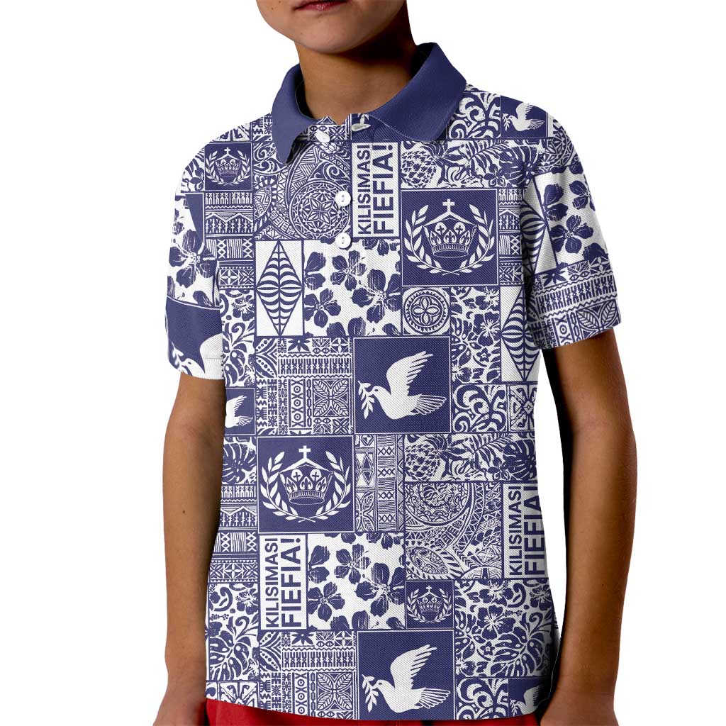 Blue Tonga Kilisimasi Fiefia Kid Polo Shirt Pacific Patchwork Xmas Vibes LT9 Kid Blue - Polynesian Pride