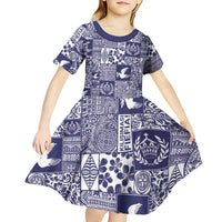 Blue Tonga Kilisimasi Fiefia Kid Short Sleeve Dress Pacific Patchwork Xmas Vibes - Polynesian Pride