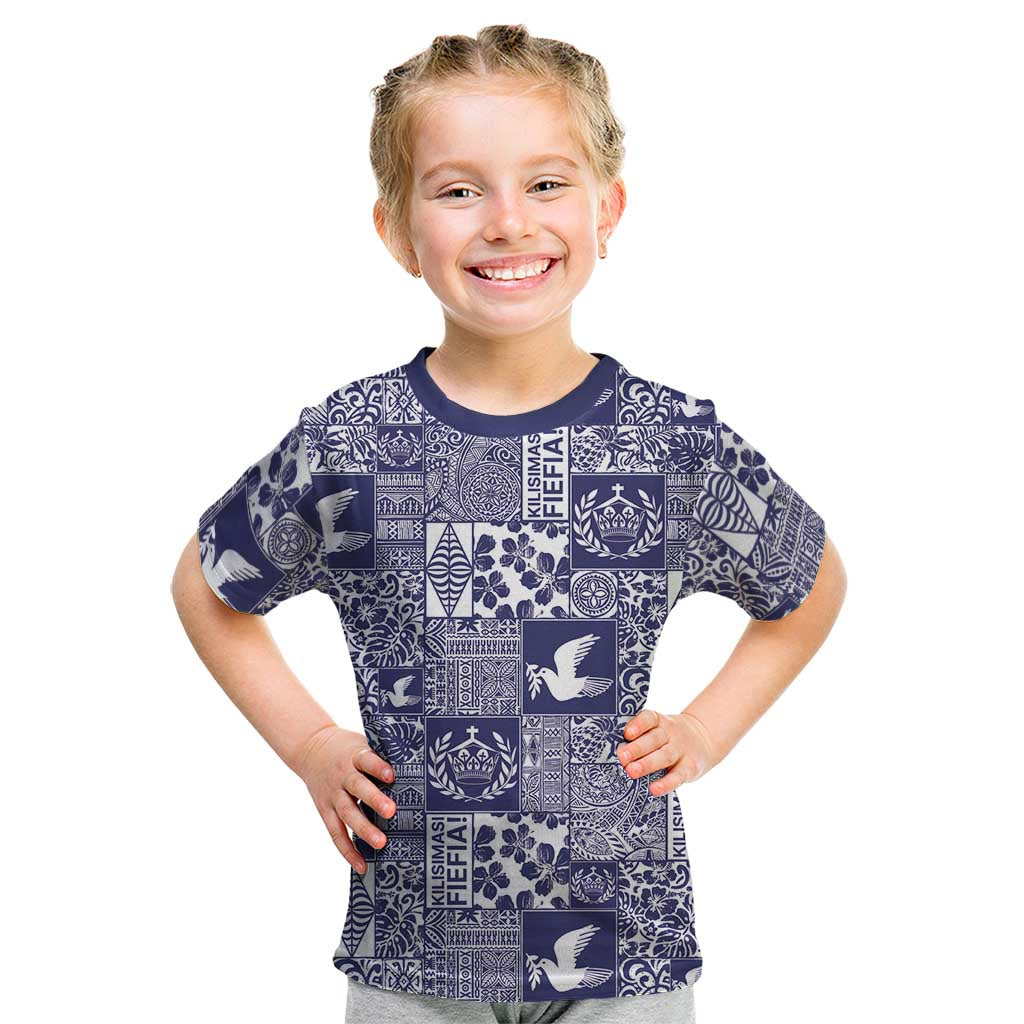 Blue Tonga Kilisimasi Fiefia Kid T Shirt Pacific Patchwork Xmas Vibes - Polynesian Pride