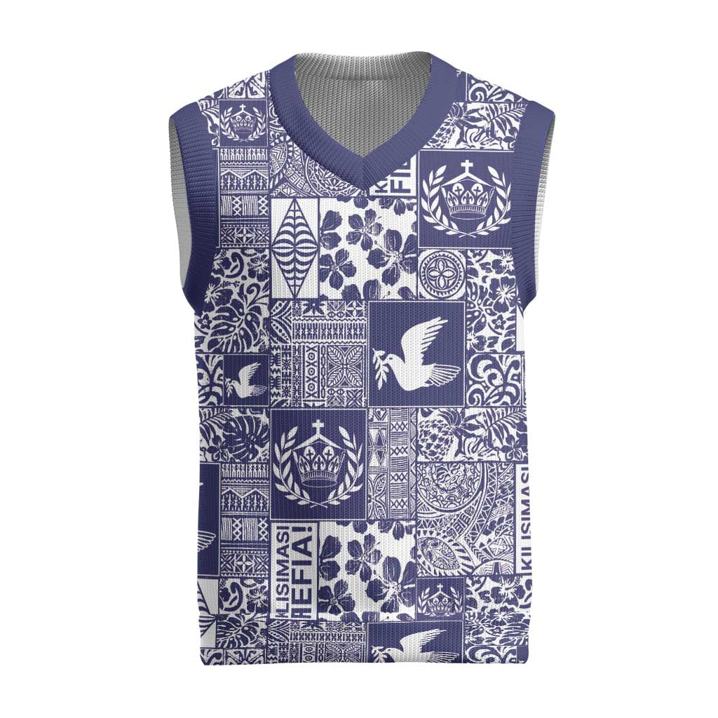 Blue Tonga Kilisimasi Fiefia Christmas Knitted V-Neck Vest Pacific Patchwork Xmas Vibes LT9 Blue - Polynesian Pride