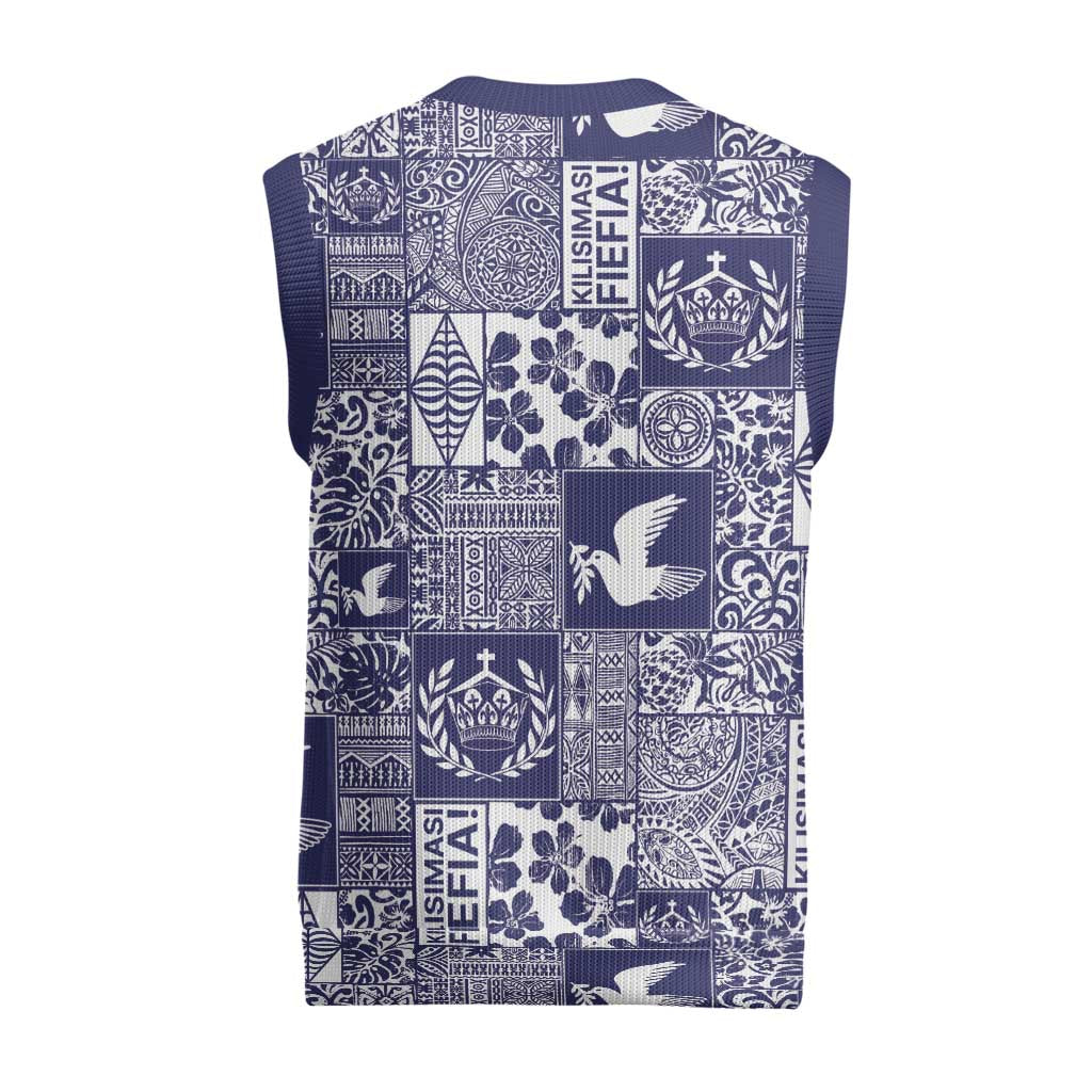 Blue Tonga Kilisimasi Fiefia Christmas Knitted V-Neck Vest Pacific Patchwork Xmas Vibes LT9 - Polynesian Pride