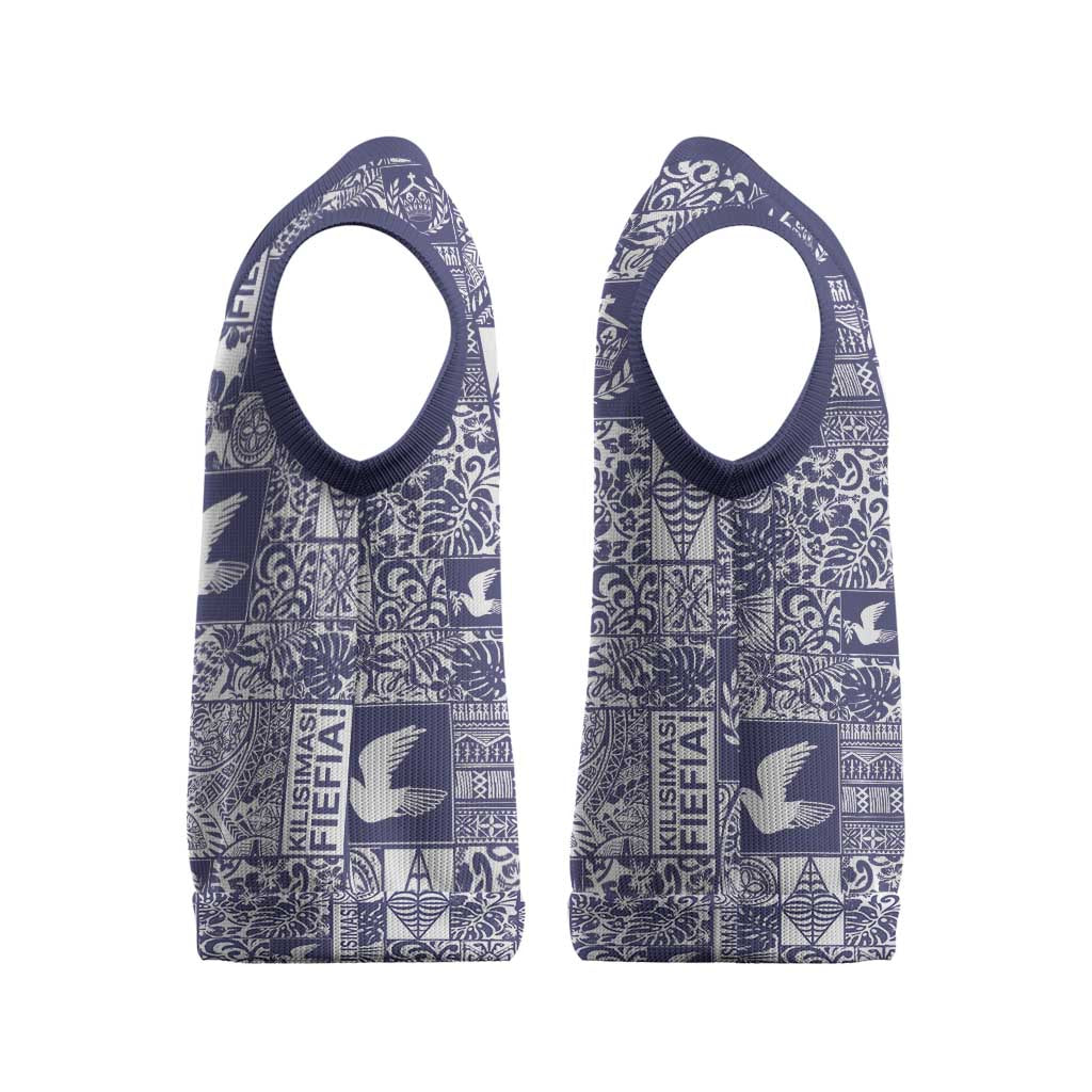 Blue Tonga Kilisimasi Fiefia Christmas Knitted V-Neck Vest Pacific Patchwork Xmas Vibes LT9 - Polynesian Pride