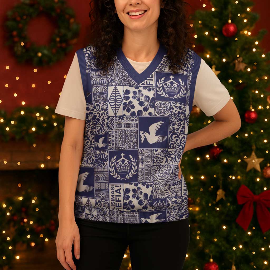 Blue Tonga Kilisimasi Fiefia Christmas Knitted V-Neck Vest Pacific Patchwork Xmas Vibes LT9 - Polynesian Pride