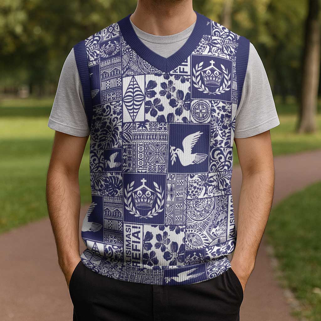 Blue Tonga Kilisimasi Fiefia Christmas Knitted V-Neck Vest Pacific Patchwork Xmas Vibes LT9 - Polynesian Pride
