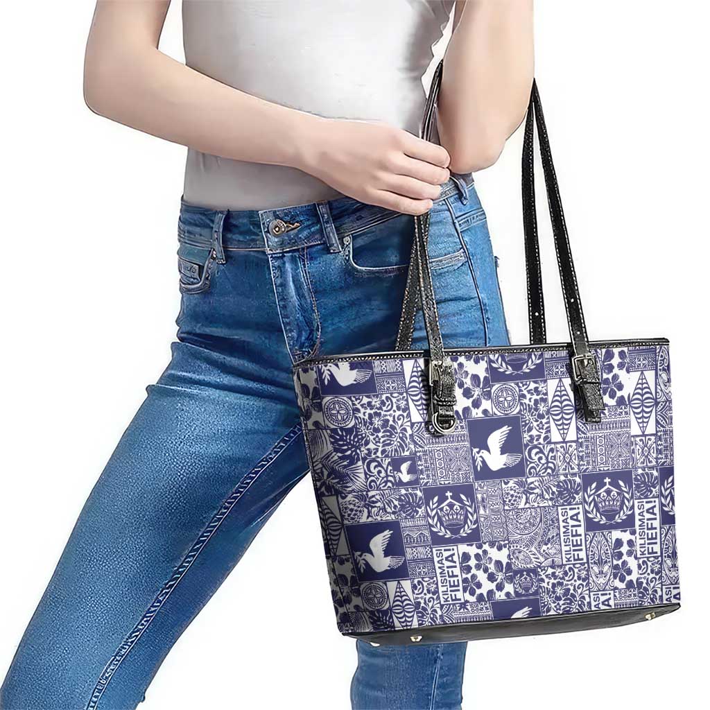 Blue Tonga Kilisimasi Fiefia Leather Tote Bag Pacific Patchwork Xmas Vibes - Polynesian Pride