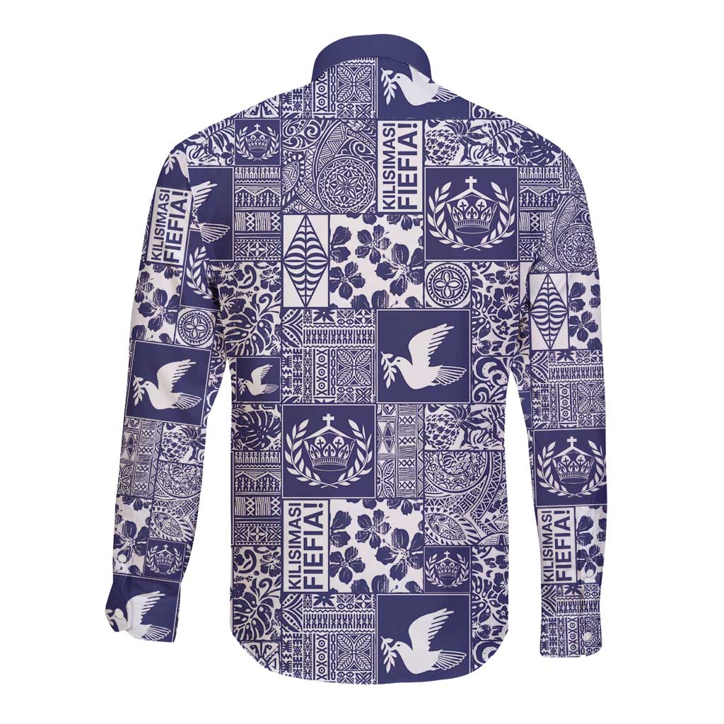 Blue Tonga Kilisimasi Fiefia Long Sleeve Button Shirt Pacific Patchwork Xmas Vibes - Polynesian Pride