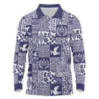 Blue Tonga Kilisimasi Fiefia Long Sleeve Polo Shirt Pacific Patchwork Xmas Vibes - Polynesian Pride