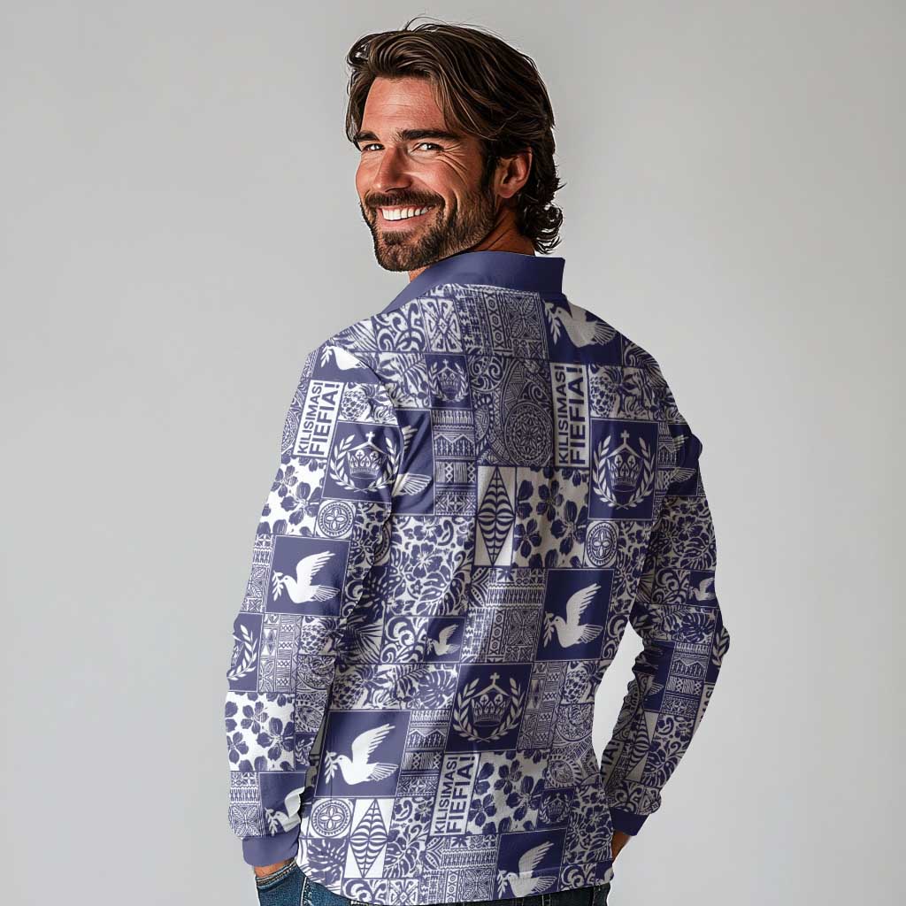 Blue Tonga Kilisimasi Fiefia Long Sleeve Polo Shirt Pacific Patchwork Xmas Vibes - Polynesian Pride