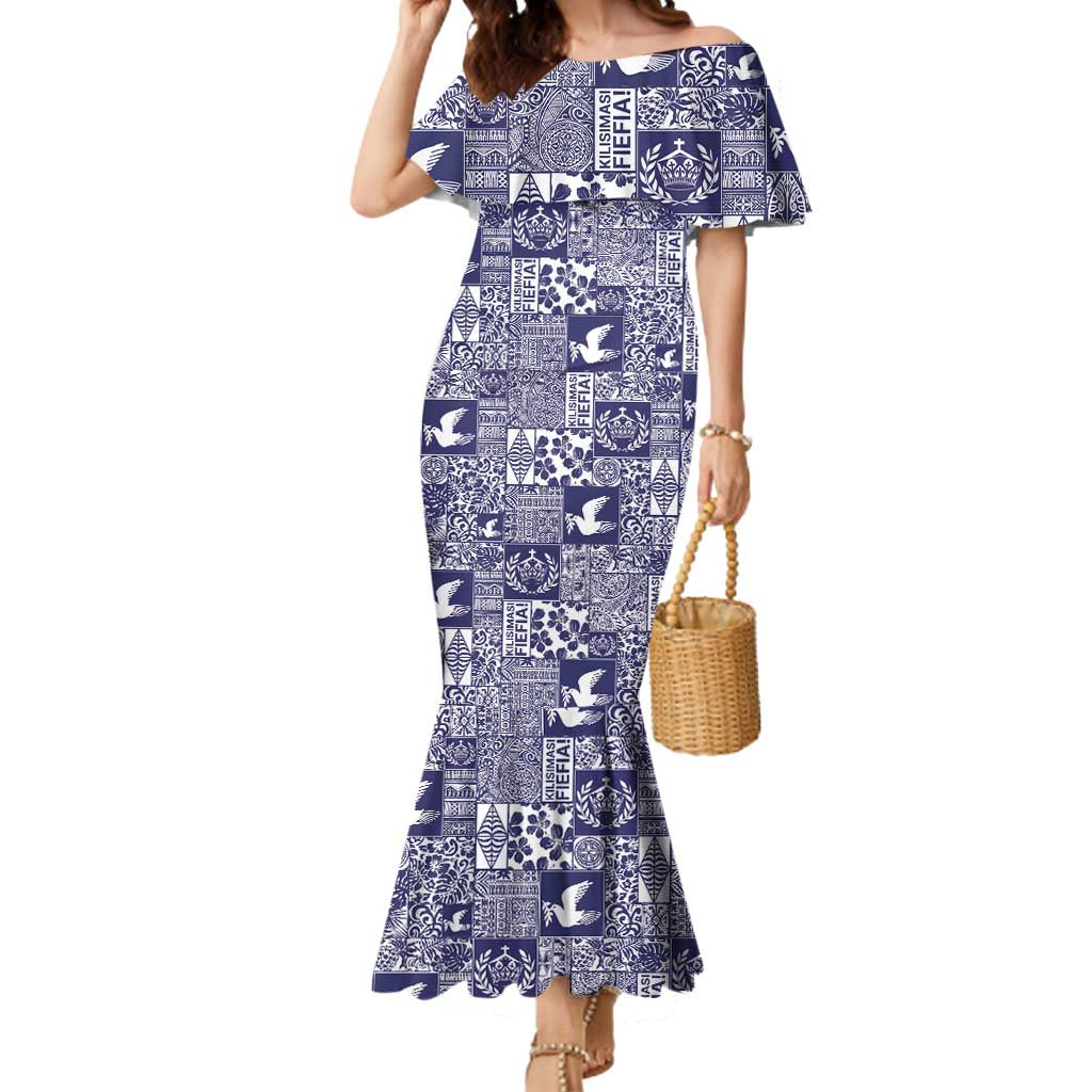 Blue Tonga Kilisimasi Fiefia Mermaid Dress Pacific Patchwork Xmas Vibes - Polynesian Pride