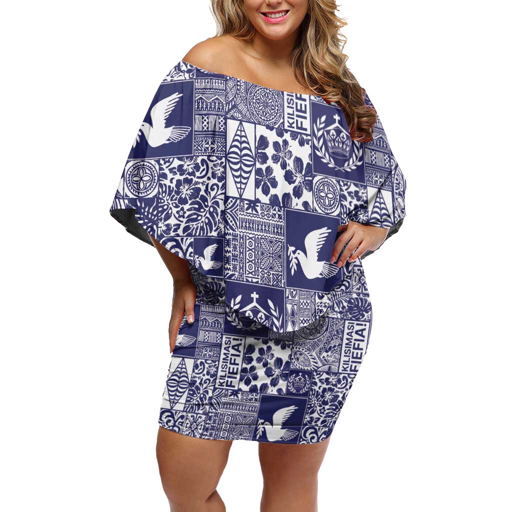 Blue Tonga Kilisimasi Fiefia Off Shoulder Short Dress Pacific Patchwork Xmas Vibes LT9 Women Blue - Polynesian Pride