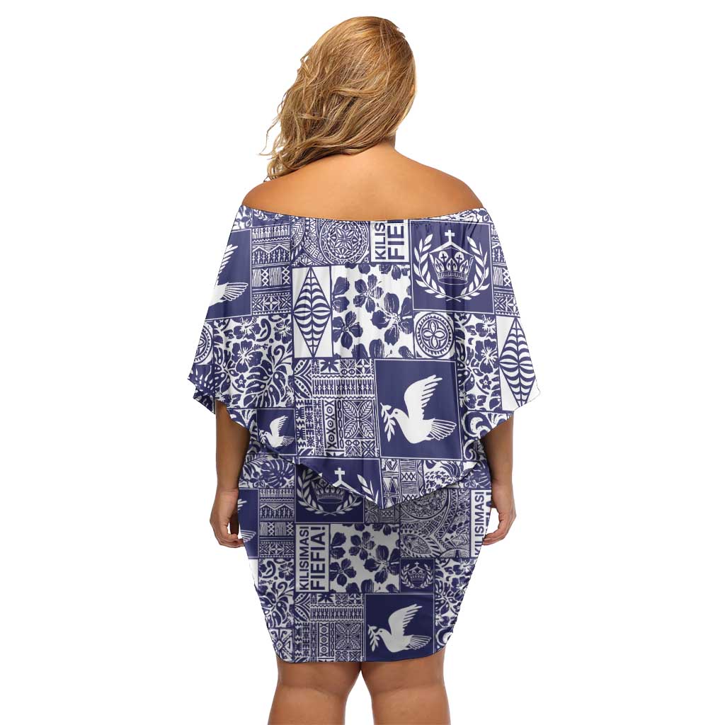 Blue Tonga Kilisimasi Fiefia Off Shoulder Short Dress Pacific Patchwork Xmas Vibes LT9 - Polynesian Pride