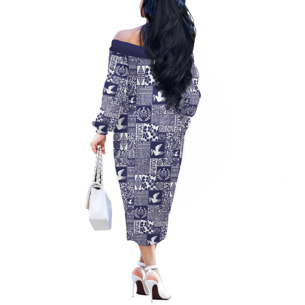 Blue Tonga Kilisimasi Fiefia Off The Shoulder Long Sleeve Dress Pacific Patchwork Xmas Vibes - Polynesian Pride