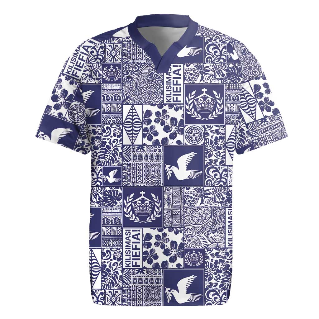 Blue Tonga Kilisimasi Fiefia Rugby Jersey Pacific Patchwork Xmas Vibes LT9 Blue - Polynesian Pride
