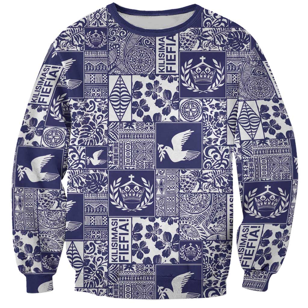 Blue Tonga Kilisimasi Fiefia Sweatshirt Pacific Patchwork Xmas Vibes LT9 Unisex Blue - Polynesian Pride