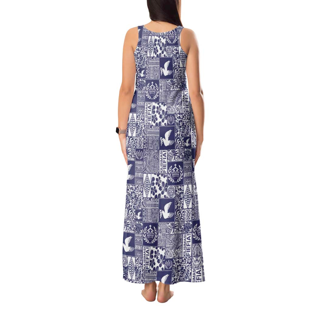 Blue Tonga Kilisimasi Fiefia Tank Maxi Dress Pacific Patchwork Xmas Vibes - Polynesian Pride