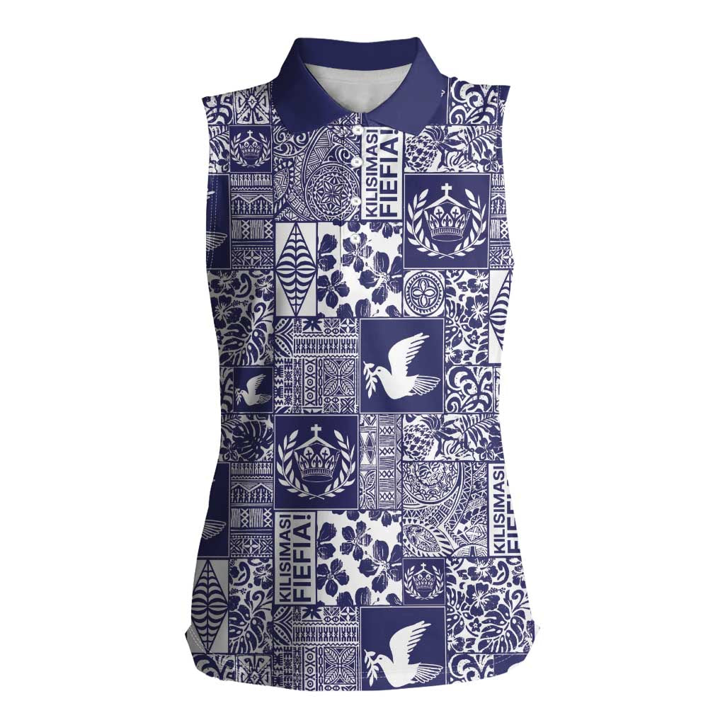 Blue Tonga Kilisimasi Fiefia Women Sleeveless Polo Shirt Pacific Patchwork Xmas Vibes LT9 Female Blue - Polynesian Pride