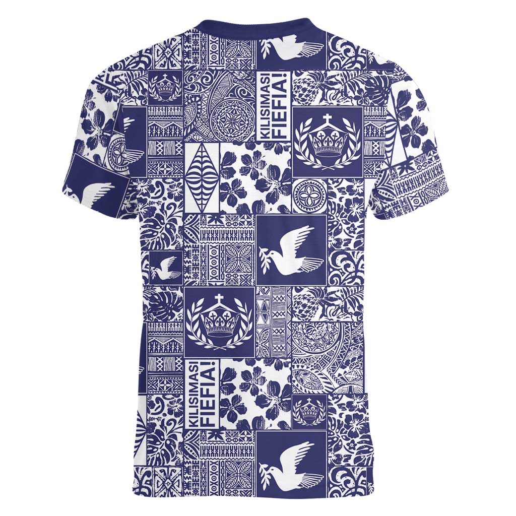 Blue Tonga Kilisimasi Fiefia Women V-Neck T-Shirt Pacific Patchwork Xmas Vibes - Polynesian Pride