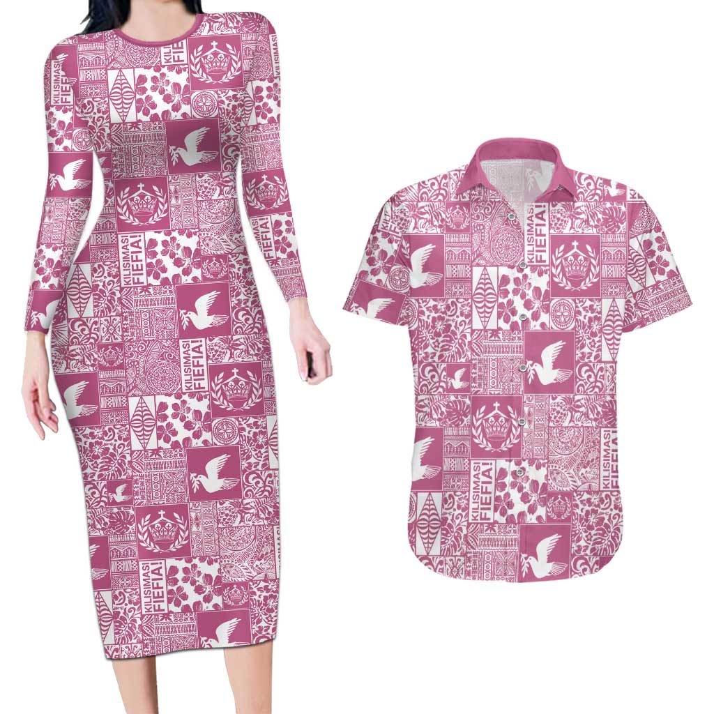 Pink Tonga Kilisimasi Fiefia Couples Matching Long Sleeve Bodycon Dress and Hawaiian Shirt Pacific Patchwork Xmas Vibes LT9 Pink - Polynesian Pride
