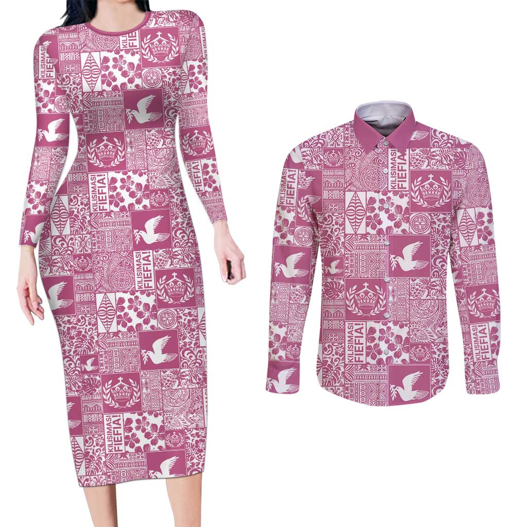 Pink Tonga Kilisimasi Fiefia Couples Matching Long Sleeve Bodycon Dress and Long Sleeve Button Shirt Pacific Patchwork Xmas Vibes LT9 Pink - Polynesian Pride