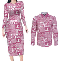 Pink Tonga Kilisimasi Fiefia Couples Matching Long Sleeve Bodycon Dress and Long Sleeve Button Shirt Pacific Patchwork Xmas Vibes LT9 Pink - Polynesian Pride