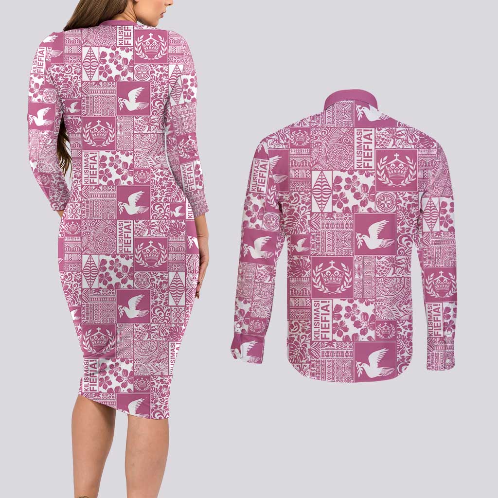 Pink Tonga Kilisimasi Fiefia Couples Matching Long Sleeve Bodycon Dress and Long Sleeve Button Shirt Pacific Patchwork Xmas Vibes LT9 - Polynesian Pride