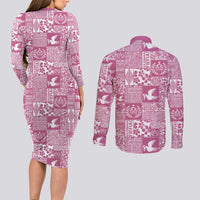 Pink Tonga Kilisimasi Fiefia Couples Matching Long Sleeve Bodycon Dress and Long Sleeve Button Shirt Pacific Patchwork Xmas Vibes LT9 - Polynesian Pride