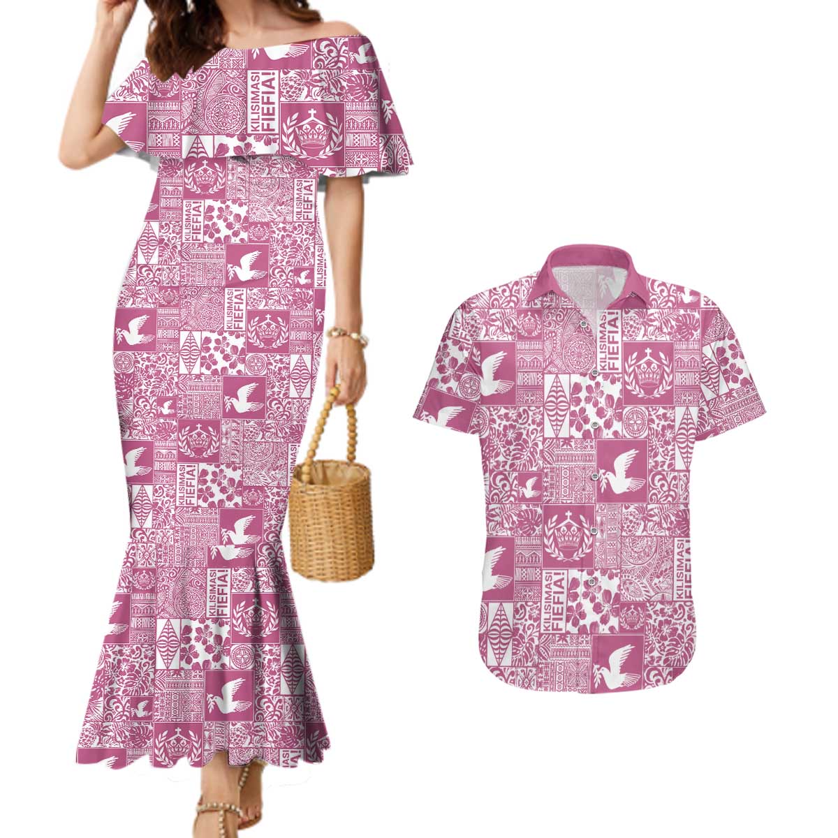 Pink Tonga Kilisimasi Fiefia Couples Matching Mermaid Dress and Hawaiian Shirt Pacific Patchwork Xmas Vibes LT9 Pink - Polynesian Pride