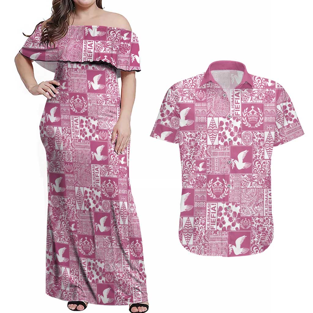 Pink Tonga Kilisimasi Fiefia Couples Matching Off Shoulder Maxi Dress and Hawaiian Shirt Pacific Patchwork Xmas Vibes LT9 Pink - Polynesian Pride