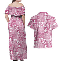 Pink Tonga Kilisimasi Fiefia Couples Matching Off Shoulder Maxi Dress and Hawaiian Shirt Pacific Patchwork Xmas Vibes LT9 - Polynesian Pride