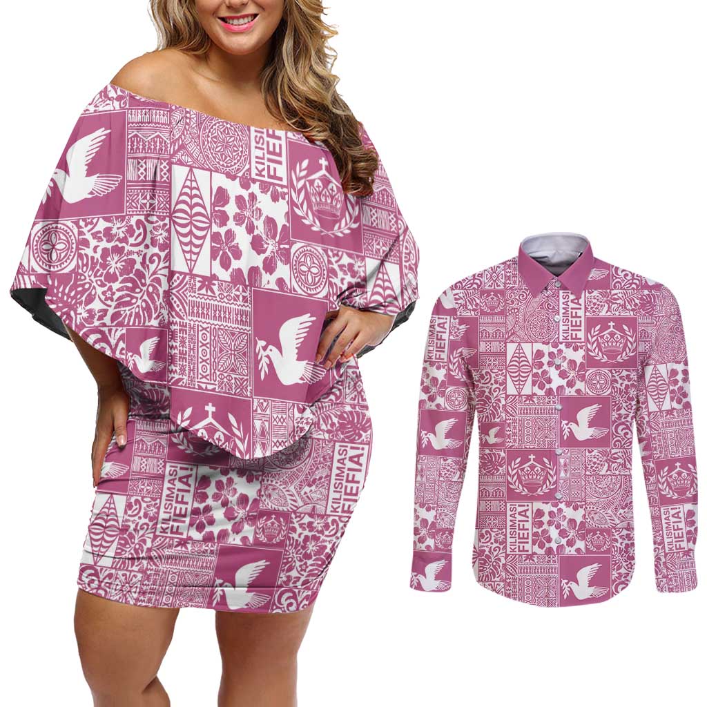 Pink Tonga Kilisimasi Fiefia Couples Matching Off Shoulder Short Dress and Long Sleeve Button Shirt Pacific Patchwork Xmas Vibes LT9 Pink - Polynesian Pride