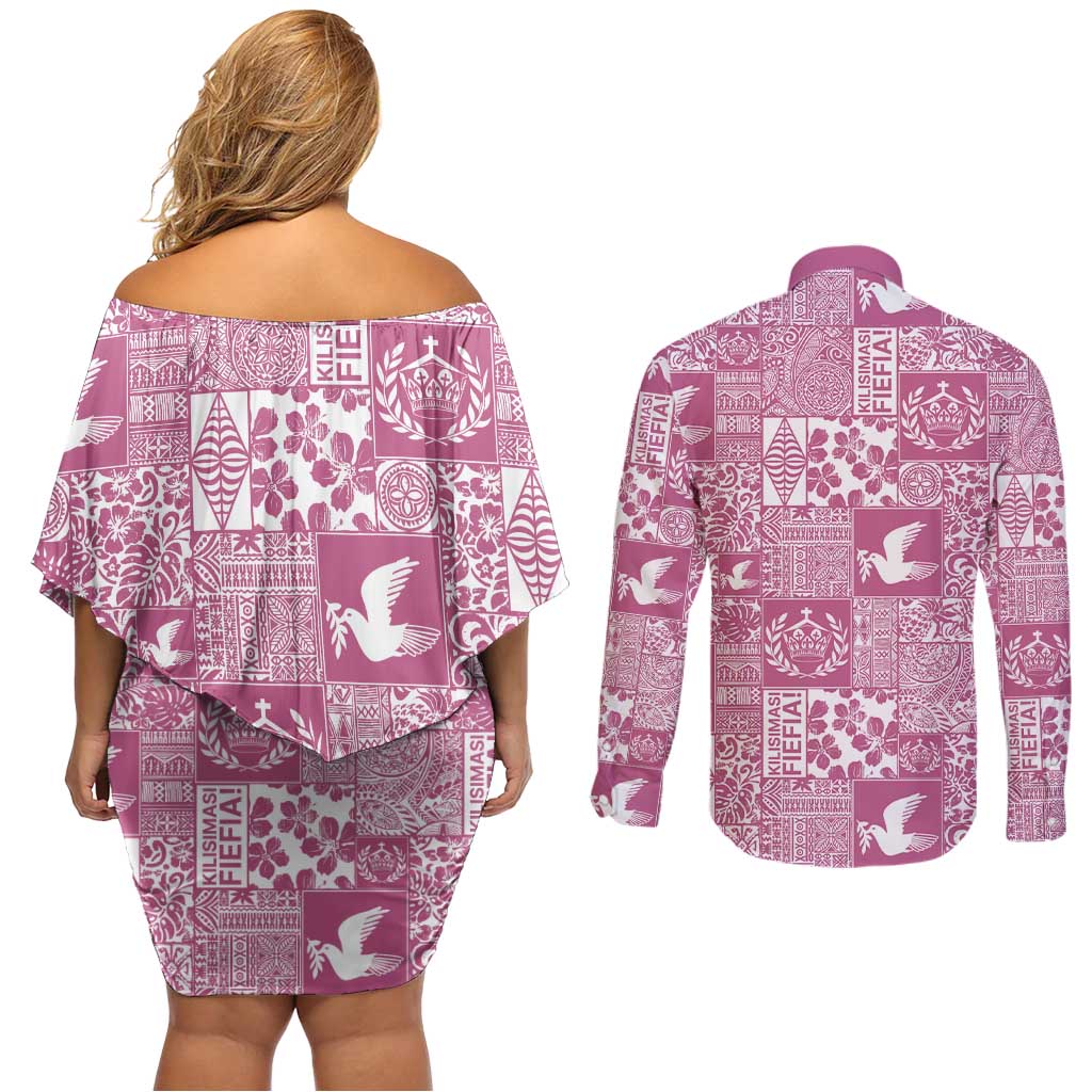 Pink Tonga Kilisimasi Fiefia Couples Matching Off Shoulder Short Dress and Long Sleeve Button Shirt Pacific Patchwork Xmas Vibes LT9 - Polynesian Pride