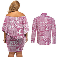 Pink Tonga Kilisimasi Fiefia Couples Matching Off Shoulder Short Dress and Long Sleeve Button Shirt Pacific Patchwork Xmas Vibes LT9 - Polynesian Pride
