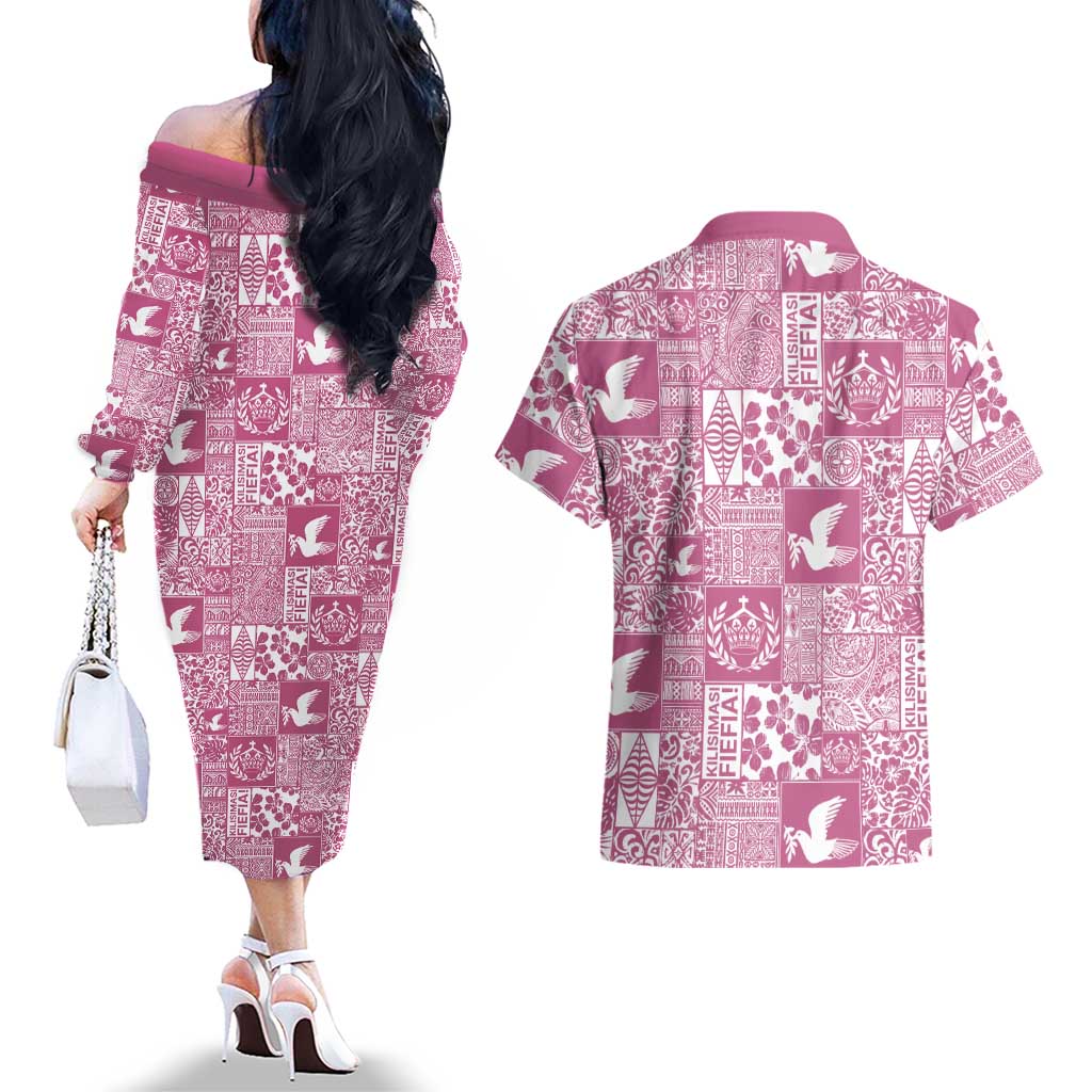 Pink Tonga Kilisimasi Fiefia Couples Matching Off The Shoulder Long Sleeve Dress and Hawaiian Shirt Pacific Patchwork Xmas Vibes LT9 - Polynesian Pride