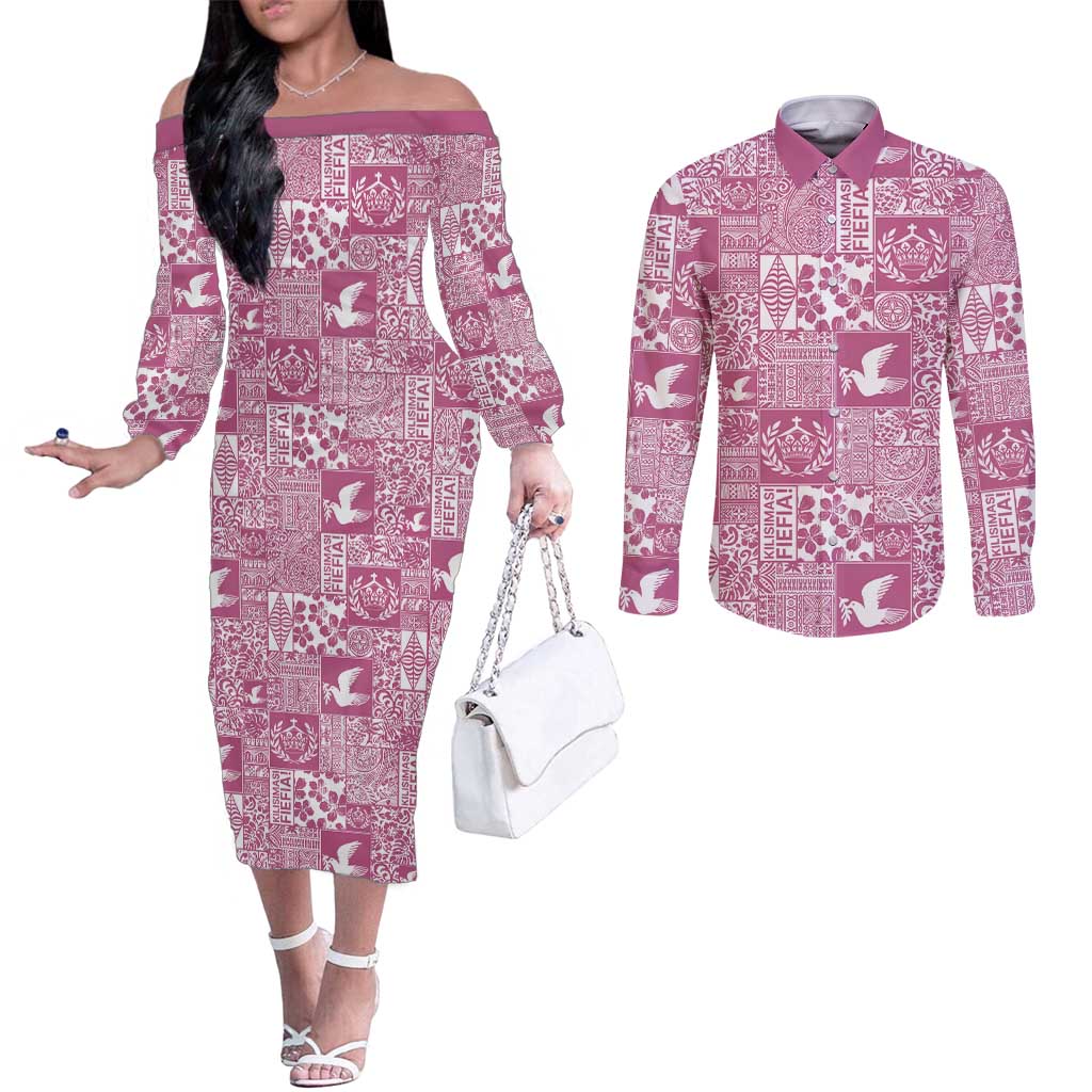 Pink Tonga Kilisimasi Fiefia Couples Matching Off The Shoulder Long Sleeve Dress and Long Sleeve Button Shirt Pacific Patchwork Xmas Vibes LT9 Pink - Polynesian Pride