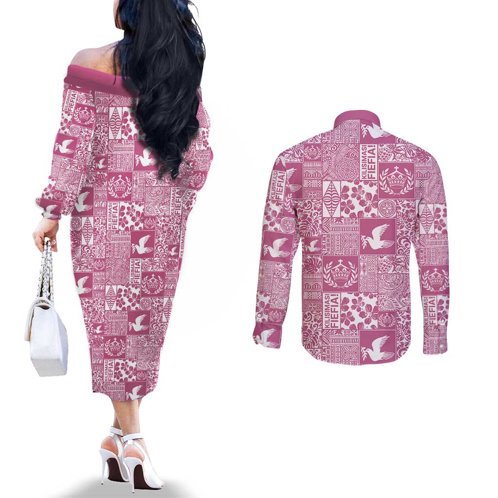 Pink Tonga Kilisimasi Fiefia Couples Matching Off The Shoulder Long Sleeve Dress and Long Sleeve Button Shirt Pacific Patchwork Xmas Vibes LT9 - Polynesian Pride