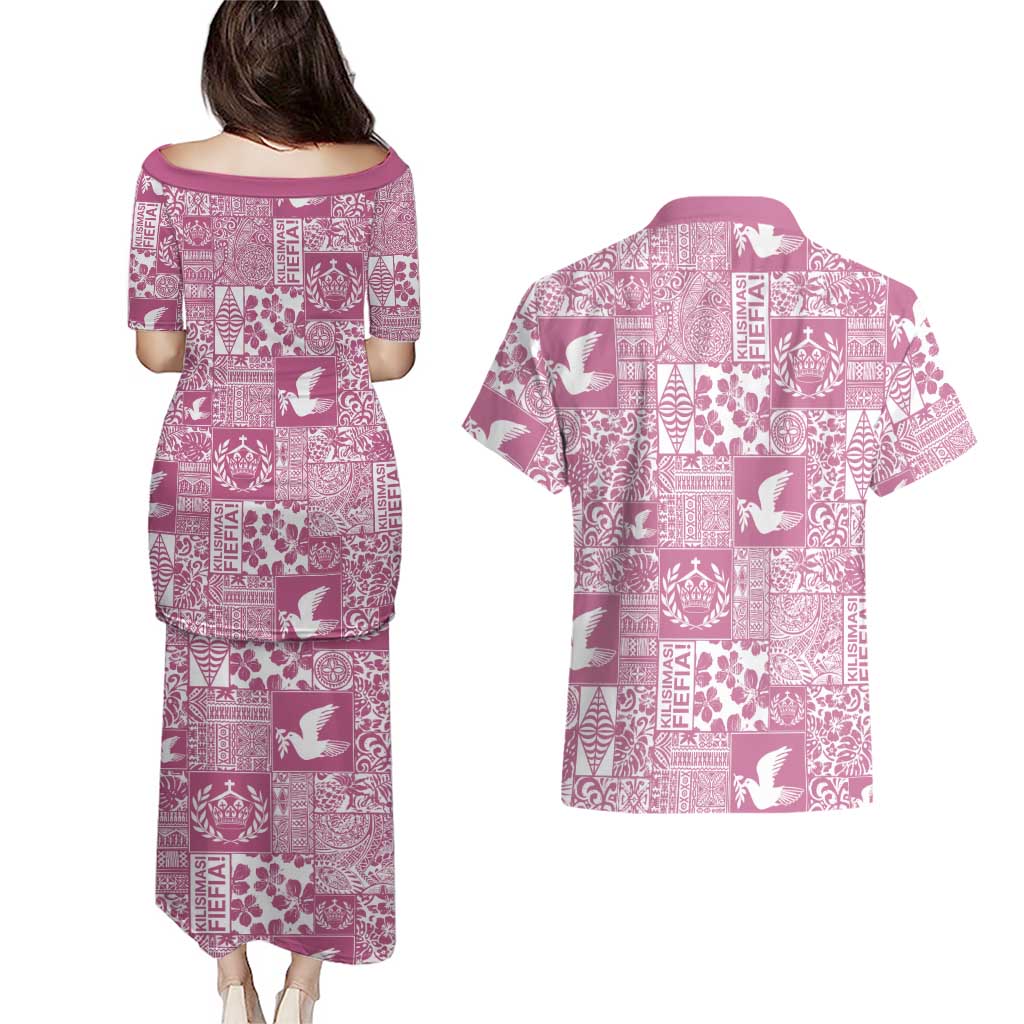 Pink Tonga Kilisimasi Fiefia Couples Matching Puletasi and Hawaiian Shirt Pacific Patchwork Xmas Vibes - Polynesian Pride