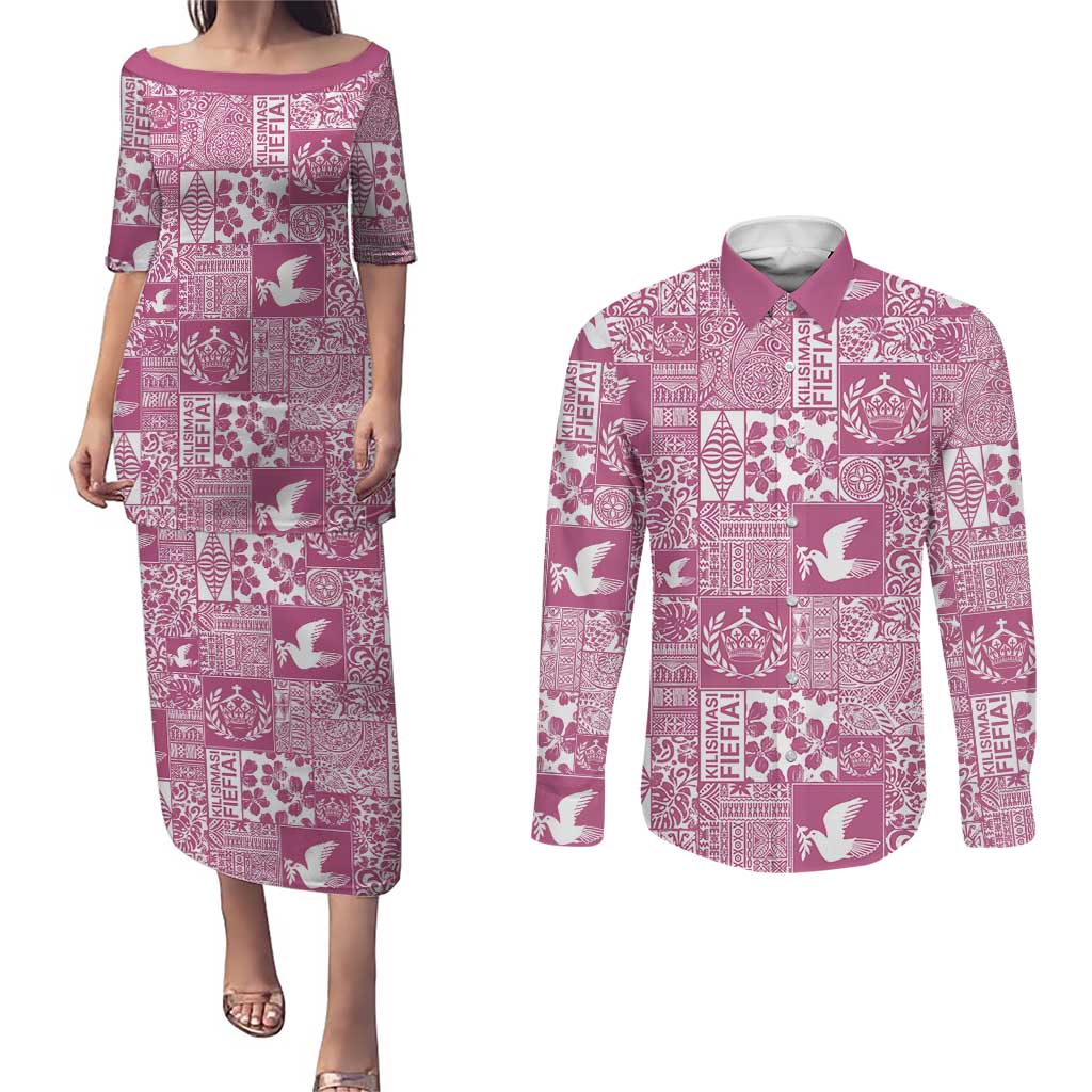 Pink Tonga Kilisimasi Fiefia Couples Matching Puletasi and Long Sleeve Button Shirt Pacific Patchwork Xmas Vibes LT9 Pink - Polynesian Pride