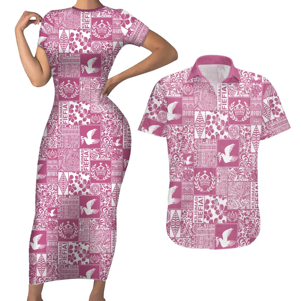 Pink Tonga Kilisimasi Fiefia Couples Matching Short Sleeve Bodycon Dress and Hawaiian Shirt Pacific Patchwork Xmas Vibes LT9 Pink - Polynesian Pride