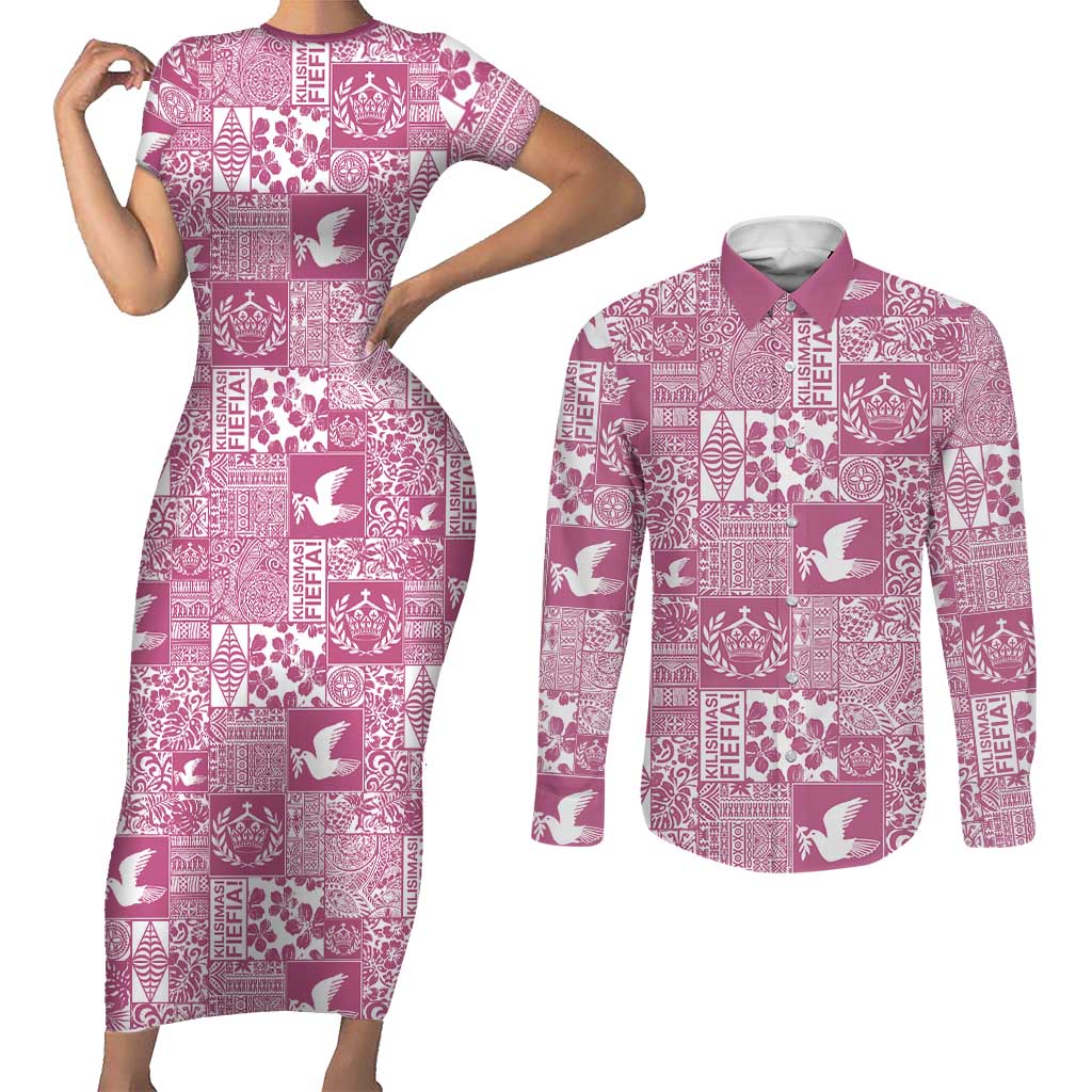 Pink Tonga Kilisimasi Fiefia Couples Matching Short Sleeve Bodycon Dress and Long Sleeve Button Shirt Pacific Patchwork Xmas Vibes LT9 Pink - Polynesian Pride