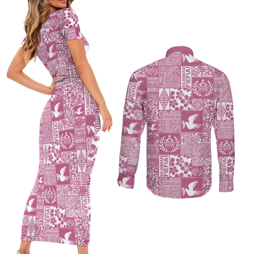 Pink Tonga Kilisimasi Fiefia Couples Matching Short Sleeve Bodycon Dress and Long Sleeve Button Shirt Pacific Patchwork Xmas Vibes LT9 - Polynesian Pride