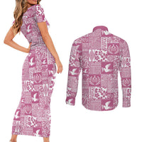 Pink Tonga Kilisimasi Fiefia Couples Matching Short Sleeve Bodycon Dress and Long Sleeve Button Shirt Pacific Patchwork Xmas Vibes LT9 - Polynesian Pride