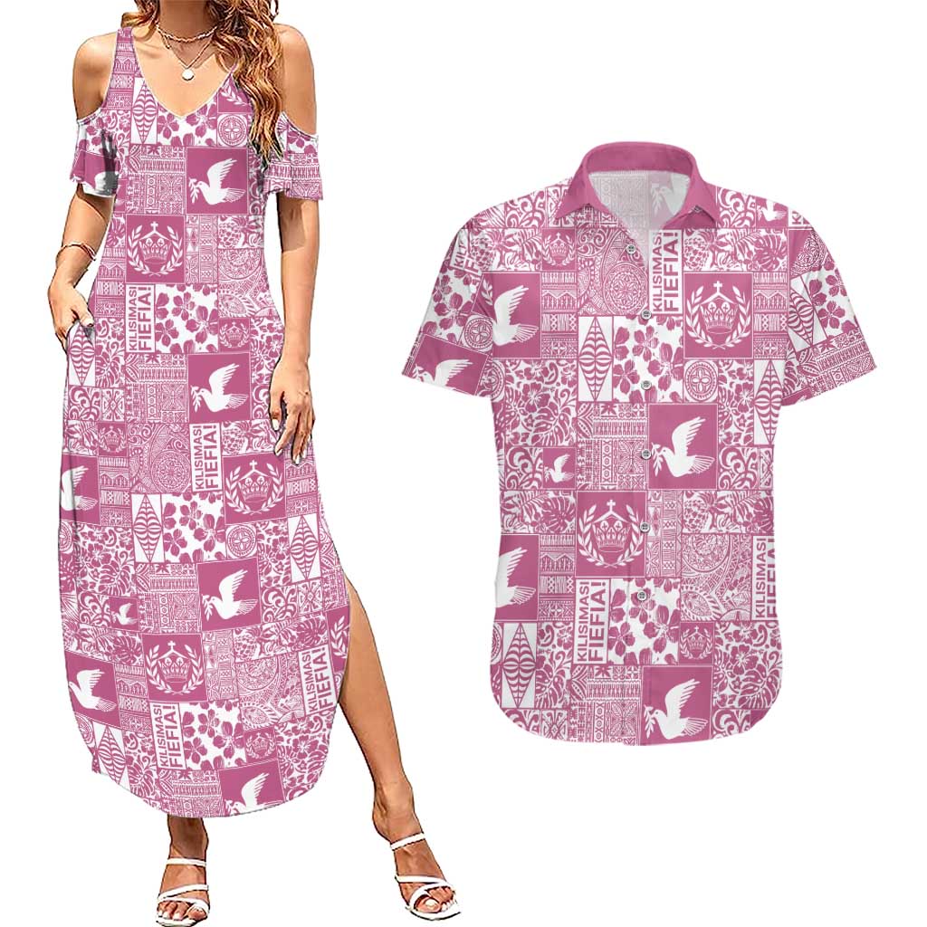 Pink Tonga Kilisimasi Fiefia Couples Matching Summer Maxi Dress and Hawaiian Shirt Pacific Patchwork Xmas Vibes LT9 Pink - Polynesian Pride