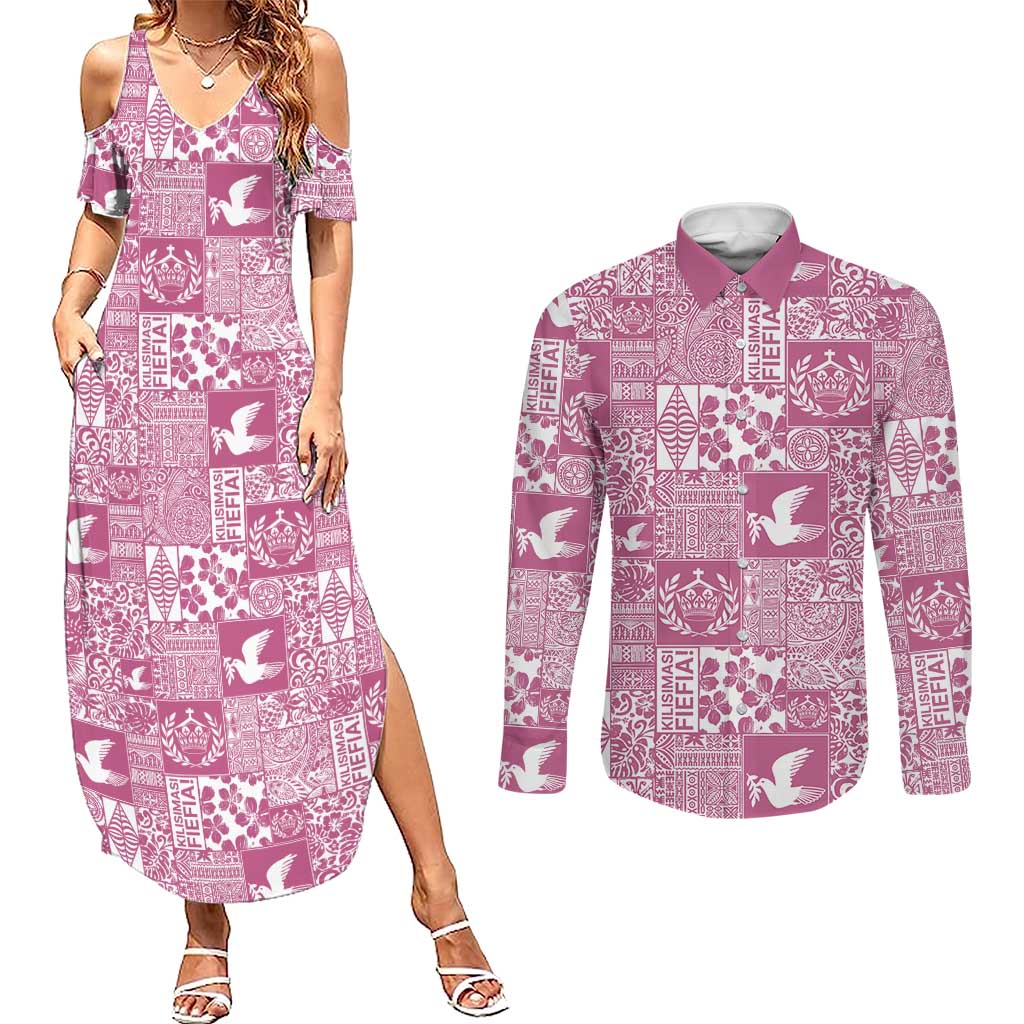 Pink Tonga Kilisimasi Fiefia Couples Matching Summer Maxi Dress and Long Sleeve Button Shirt Pacific Patchwork Xmas Vibes LT9 Pink - Polynesian Pride