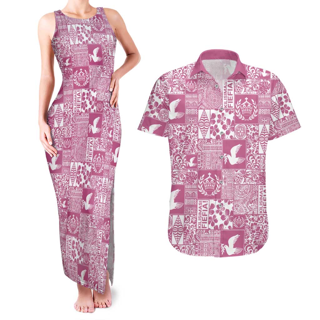 Pink Tonga Kilisimasi Fiefia Couples Matching Tank Maxi Dress and Hawaiian Shirt Pacific Patchwork Xmas Vibes LT9 Pink - Polynesian Pride