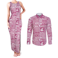 Pink Tonga Kilisimasi Fiefia Couples Matching Tank Maxi Dress and Long Sleeve Button Shirt Pacific Patchwork Xmas Vibes LT9 Pink - Polynesian Pride