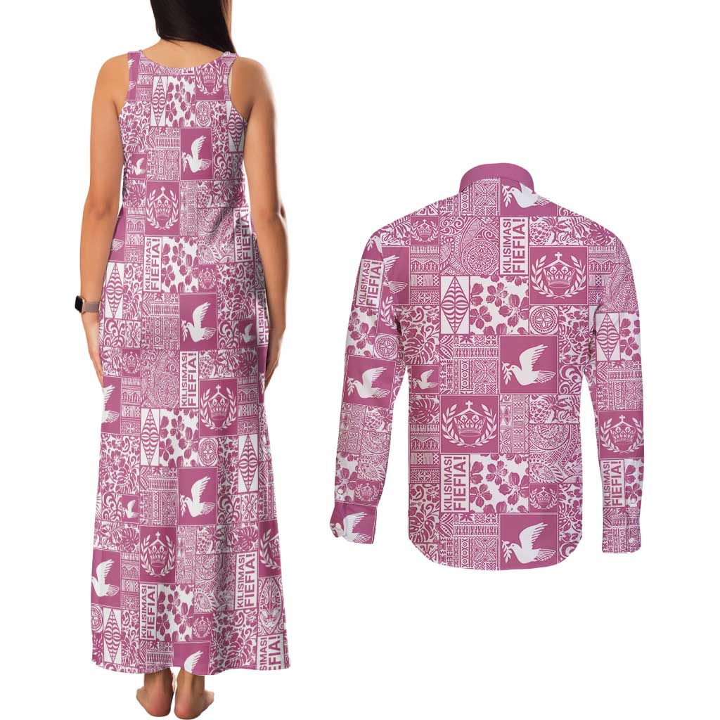 Pink Tonga Kilisimasi Fiefia Couples Matching Tank Maxi Dress and Long Sleeve Button Shirt Pacific Patchwork Xmas Vibes LT9 - Polynesian Pride