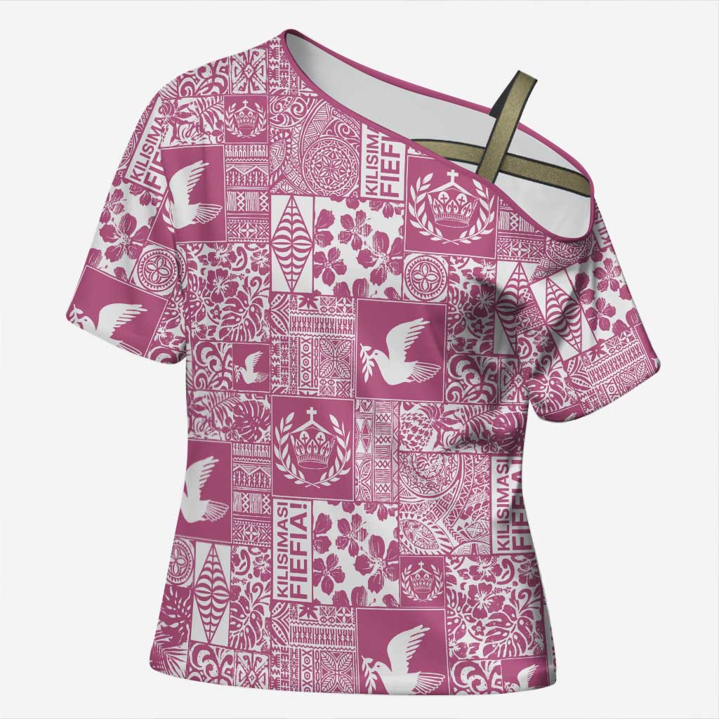 Pink Tonga Kilisimasi Fiefia Cross Shoulder Shirt Pacific Patchwork Xmas Vibes - Polynesian Pride