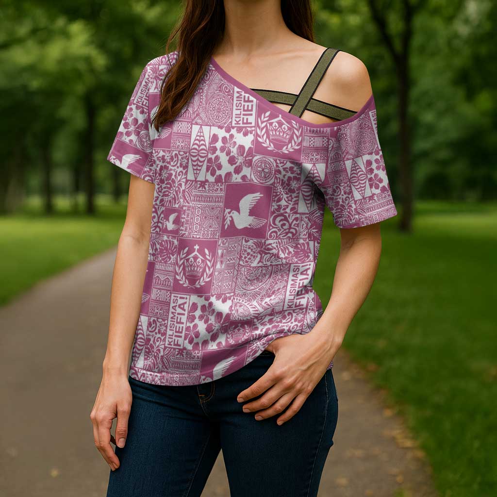 Pink Tonga Kilisimasi Fiefia Cross Shoulder Shirt Pacific Patchwork Xmas Vibes - Polynesian Pride