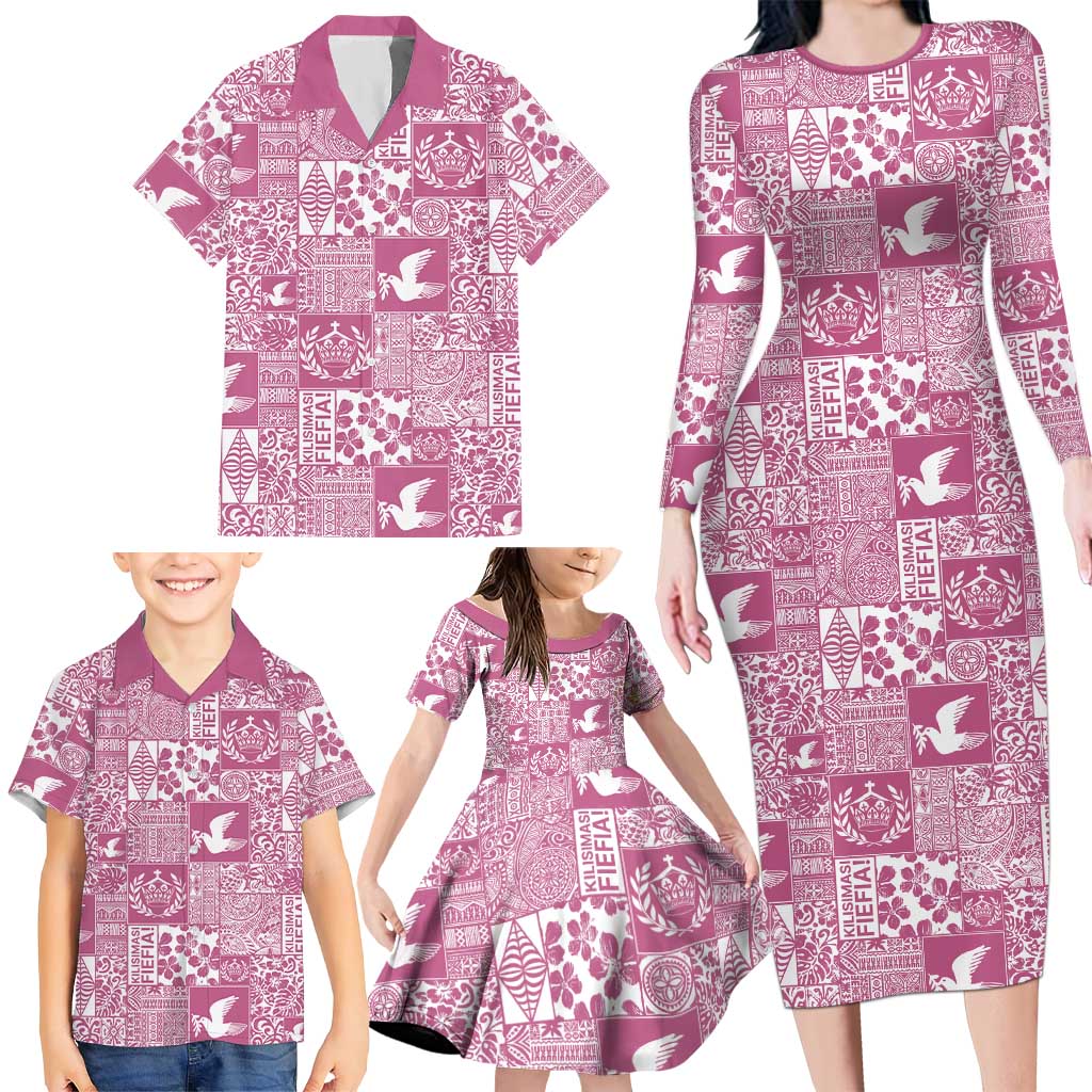 Pink Tonga Kilisimasi Fiefia Family Matching Long Sleeve Bodycon Dress and Hawaiian Shirt Pacific Patchwork Xmas Vibes LT9 - Polynesian Pride